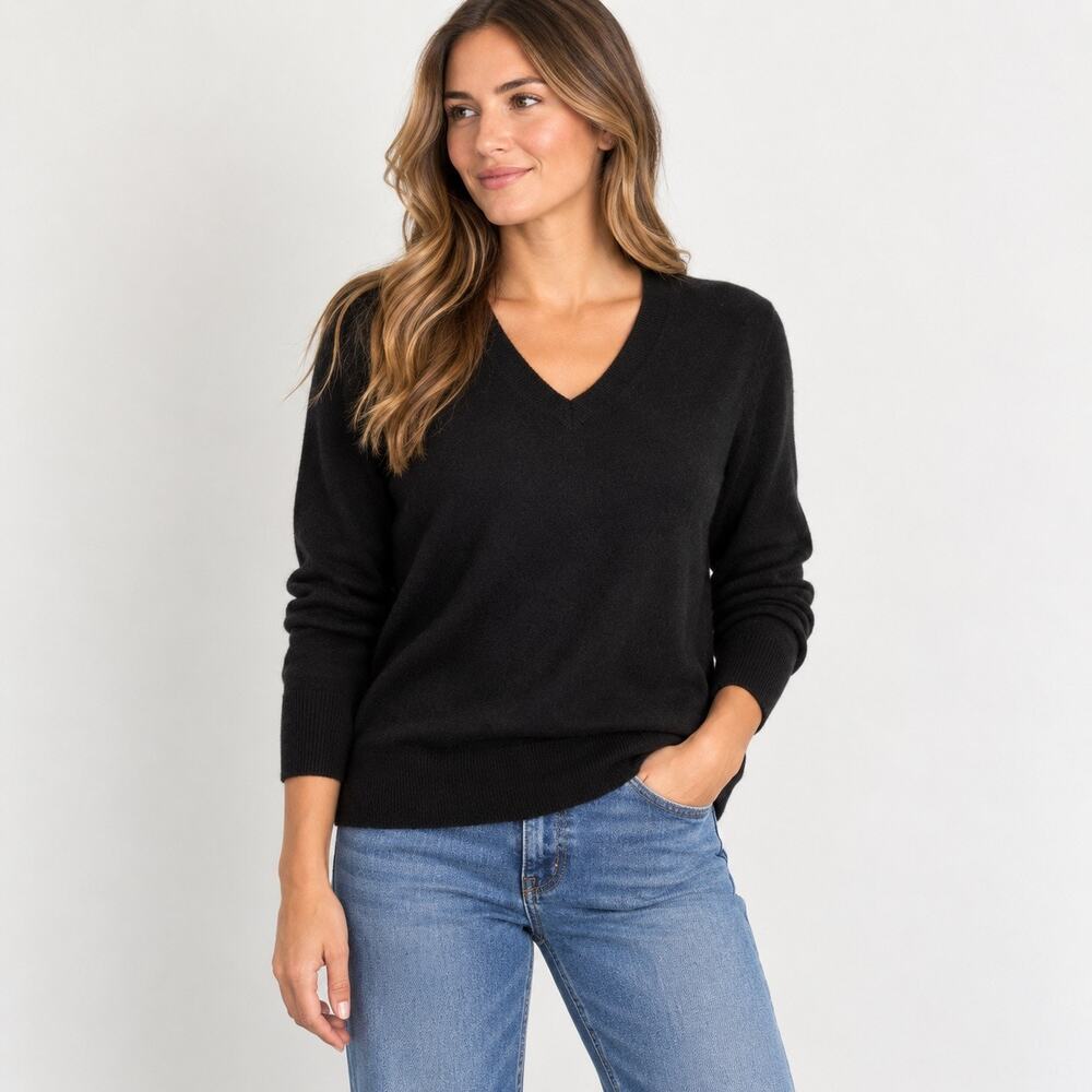 Halogen 100% Cashmere Sweater Womens XL Black V Neck Long Sleeve Pullover